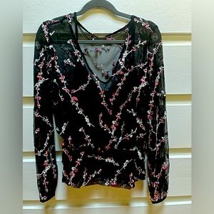 Black House White Market Netted Blouse with Embroidered Flowers
